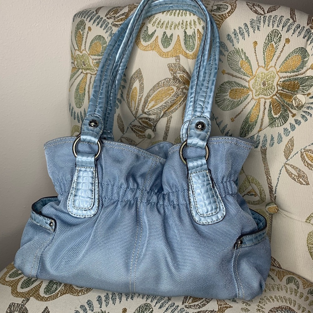 Kathy Van Zeeland Croc Blue Shimmer Belt Handbag - Picture 4 of 5